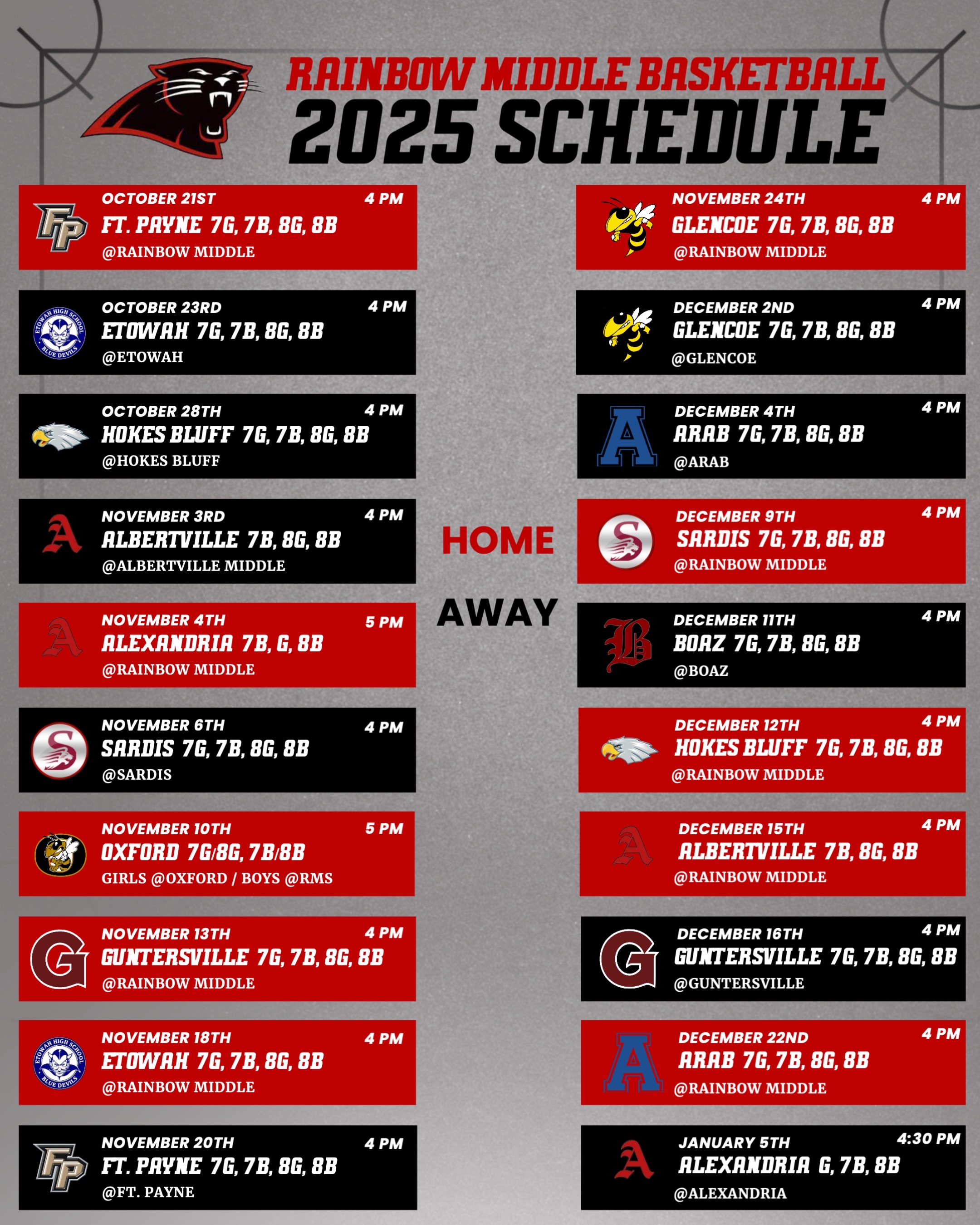 2025 RMS Basketball Schedule